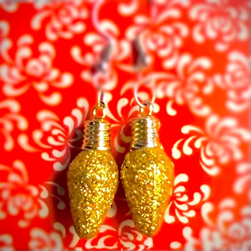 Gold Glitter Christmas Bulb Dangle Drop Earrings